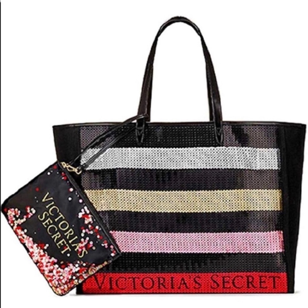 New Victoria’s Secret large Striped Sequin Weekender tote bag with Pouch Black - Picture 6 of 7